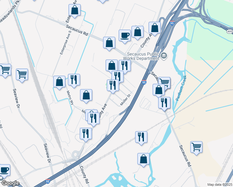 map of restaurants, bars, coffee shops, grocery stores, and more near 167 Charles Street in Secaucus