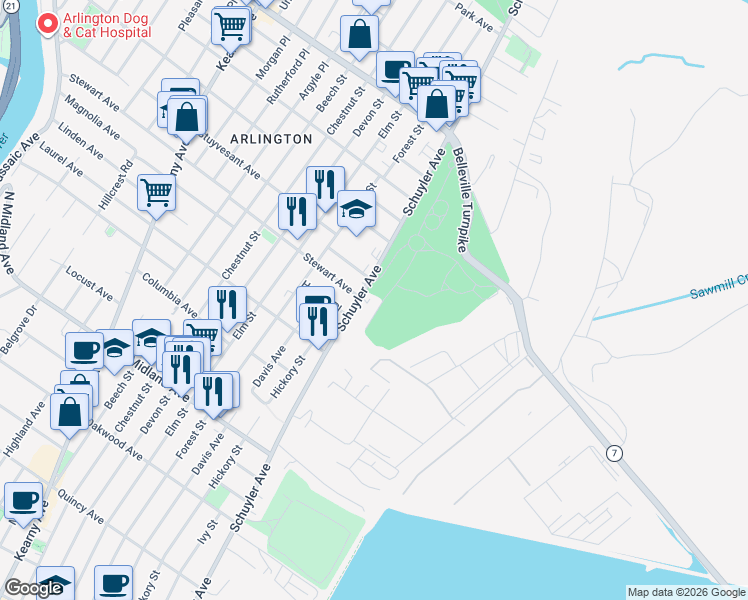 map of restaurants, bars, coffee shops, grocery stores, and more near 750 Schuyler Avenue in Kearny