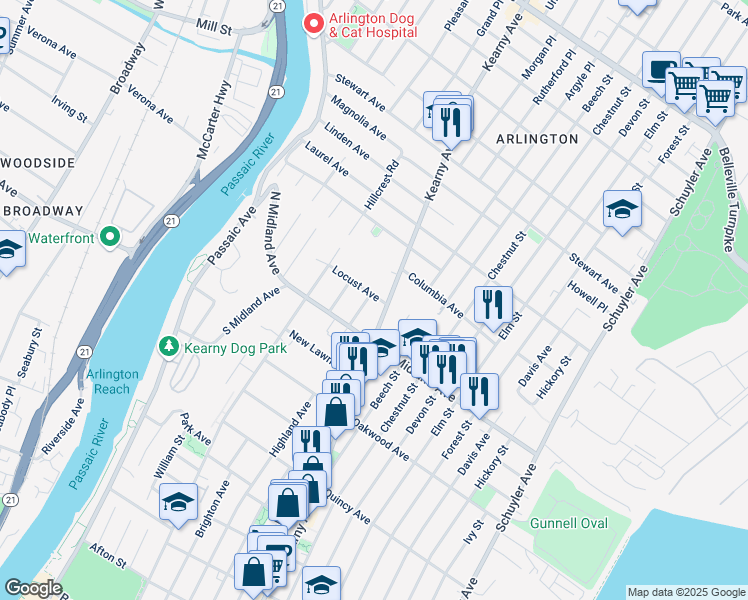 map of restaurants, bars, coffee shops, grocery stores, and more near 601 Kearny Avenue in Kearny