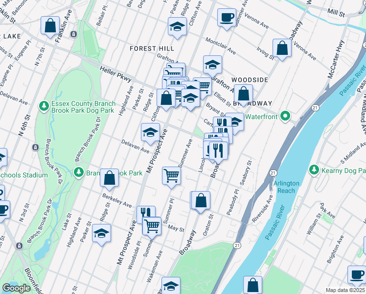 map of restaurants, bars, coffee shops, grocery stores, and more near 173 Delavan Avenue in Newark