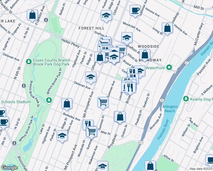 map of restaurants, bars, coffee shops, grocery stores, and more near 173 Delavan Avenue in Newark