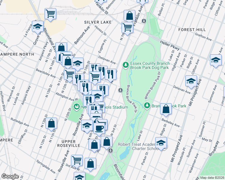 map of restaurants, bars, coffee shops, grocery stores, and more near 187 Berkeley Avenue in Newark
