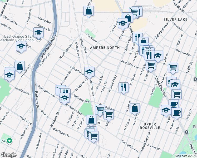 map of restaurants, bars, coffee shops, grocery stores, and more near 69 1st Avenue in East Orange
