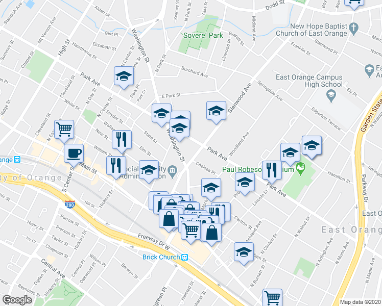 map of restaurants, bars, coffee shops, grocery stores, and more near 48 Glenwood Avenue in East Orange