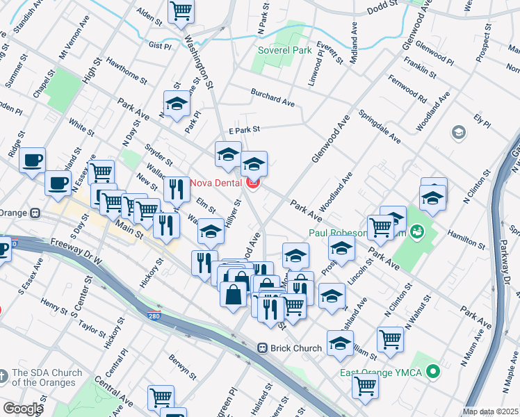 map of restaurants, bars, coffee shops, grocery stores, and more near 48 Glenwood Avenue in East Orange