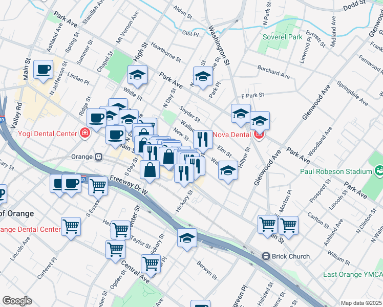 map of restaurants, bars, coffee shops, grocery stores, and more near 30 Canfield Street in City of Orange