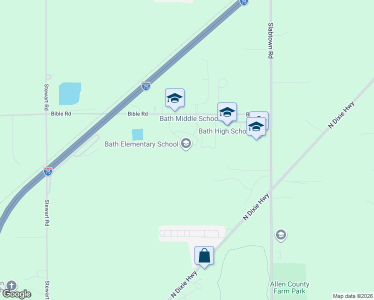 map of restaurants, bars, coffee shops, grocery stores, and more near 2626 Bible Road in Lima