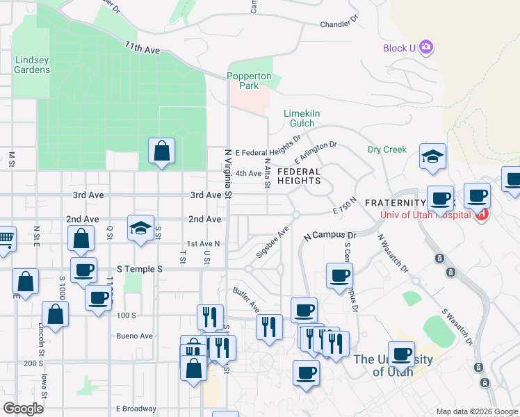 map of restaurants, bars, coffee shops, grocery stores, and more near 1315 East 2nd Avenue in Salt Lake City