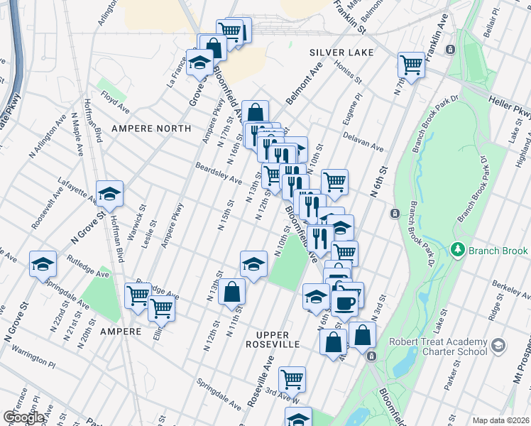 map of restaurants, bars, coffee shops, grocery stores, and more near 479 North 11th Street in Newark