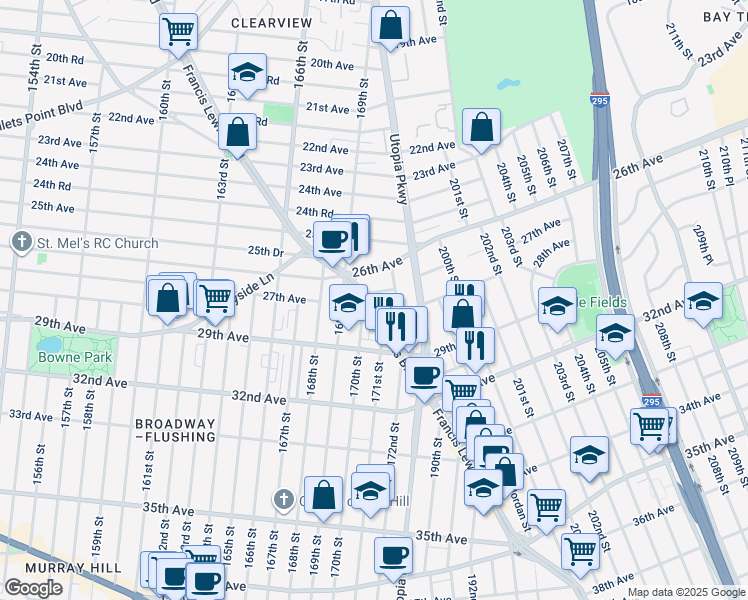 map of restaurants, bars, coffee shops, grocery stores, and more near 27-26 Francis Lewis Boulevard in Queens