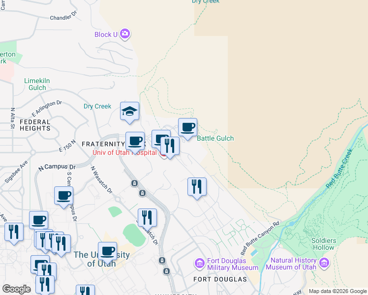 map of restaurants, bars, coffee shops, grocery stores, and more near 2000 Circle of Hope Drive in Salt Lake City