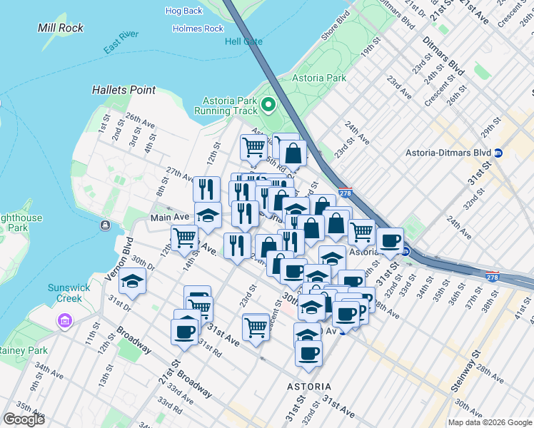 map of restaurants, bars, coffee shops, grocery stores, and more near 27-2 21st St in Queens