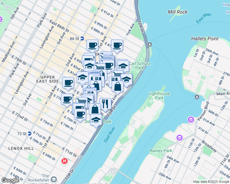 map of restaurants, bars, coffee shops, grocery stores, and more near 33 East End Avenue in New York