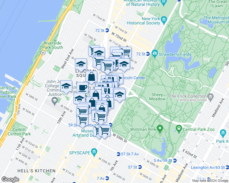 map of restaurants, bars, coffee shops, grocery stores, and more near 42 West 65th Street in New York