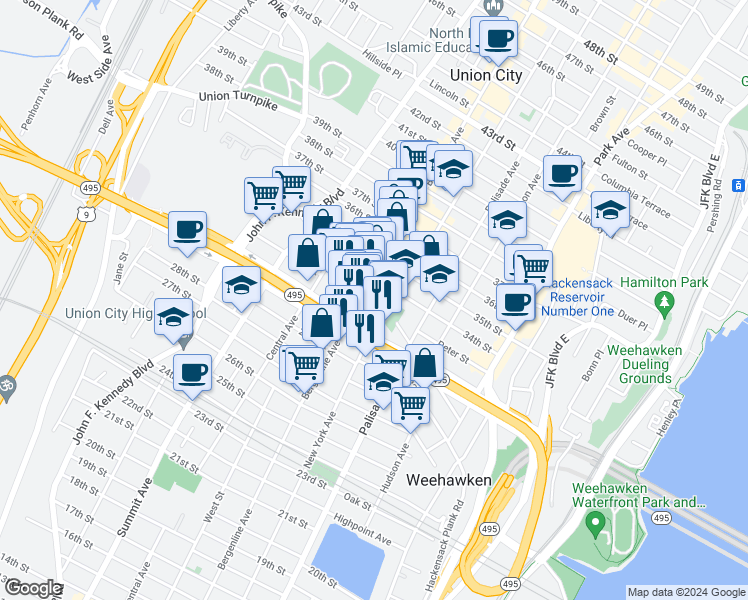 map of restaurants, bars, coffee shops, grocery stores, and more near 417 33rd Street in Union City