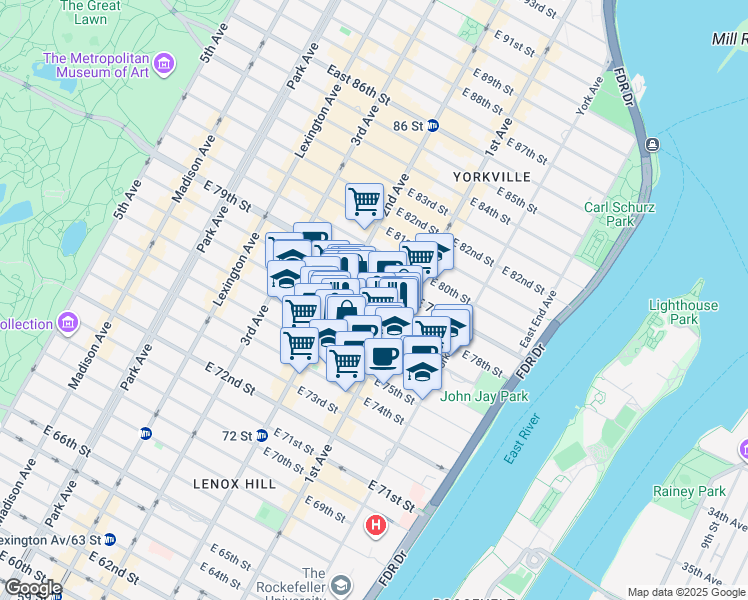 map of restaurants, bars, coffee shops, grocery stores, and more near 345 East 77th Street in New York