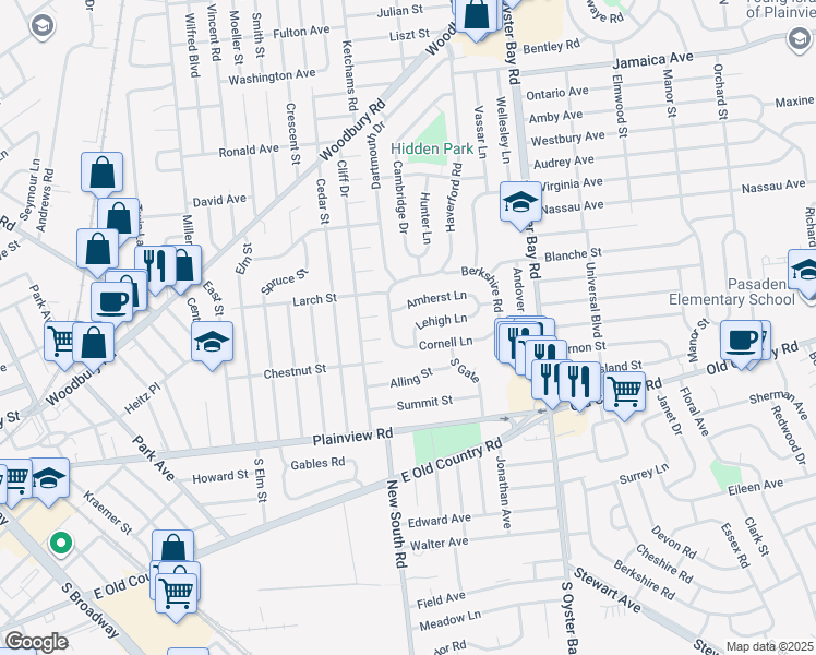 map of restaurants, bars, coffee shops, grocery stores, and more near 74 Cornell Lane in Hicksville