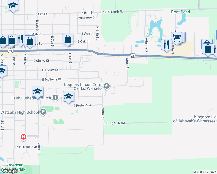map of restaurants, bars, coffee shops, grocery stores, and more near 1001 East Grant Street in Watseka