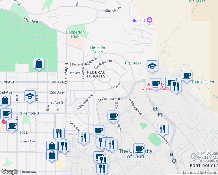 map of restaurants, bars, coffee shops, grocery stores, and more near 1470 Military Way in Salt Lake City