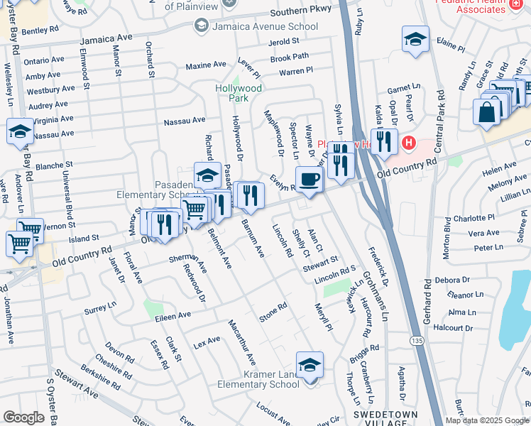 map of restaurants, bars, coffee shops, grocery stores, and more near 80 Barnum Avenue in Plainview