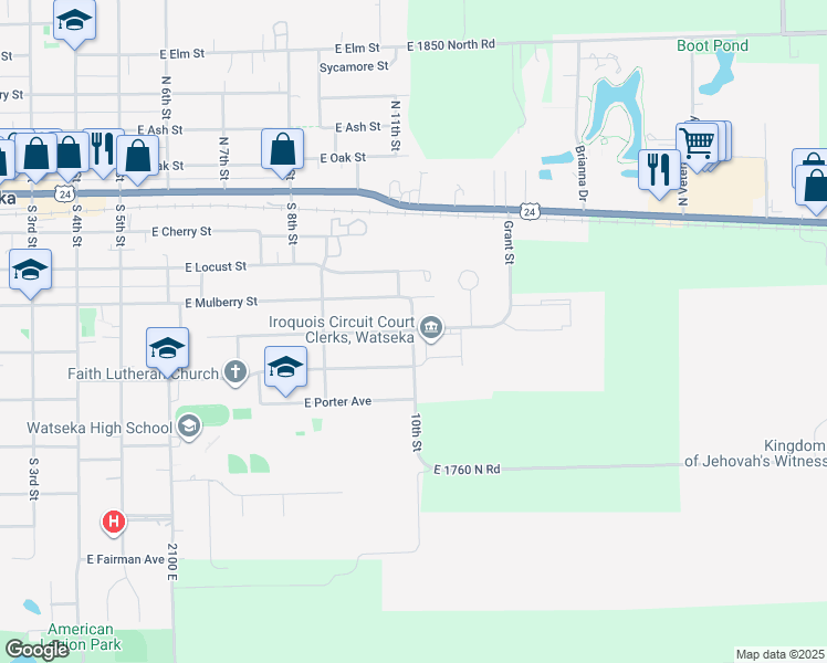 map of restaurants, bars, coffee shops, grocery stores, and more near 1001 East Grant Street in Watseka