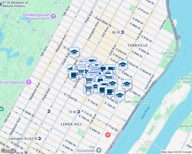 map of restaurants, bars, coffee shops, grocery stores, and more near 1462 2nd Avenue in New York