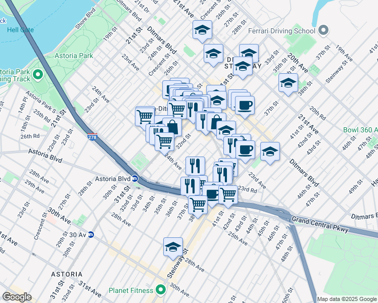 map of restaurants, bars, coffee shops, grocery stores, and more near 23-57 33rd Street in Queens