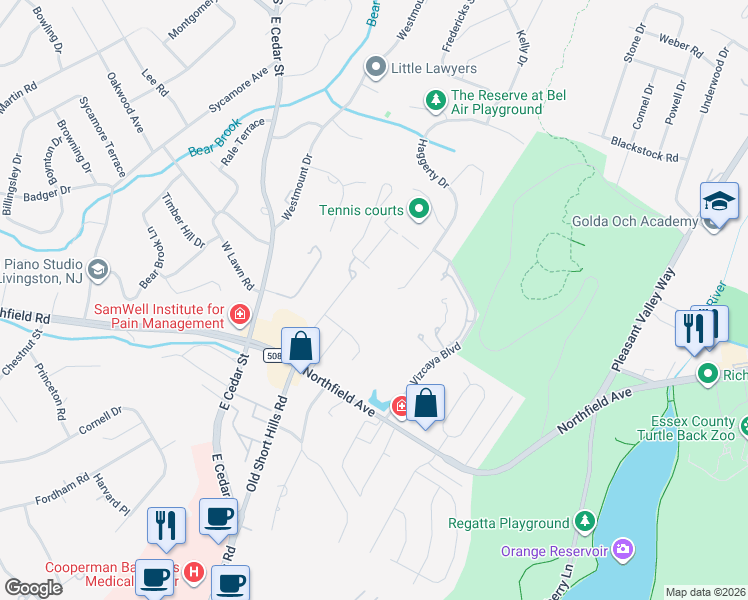 map of restaurants, bars, coffee shops, grocery stores, and more near 23 Glenview Drive in West Orange