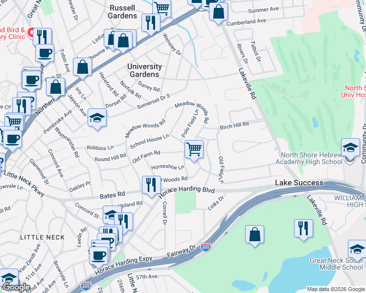 map of restaurants, bars, coffee shops, grocery stores, and more near 1 Polo Field Lane in Lake Success
