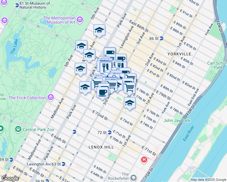 map of restaurants, bars, coffee shops, grocery stores, and more near 203 East 76th Street in New York
