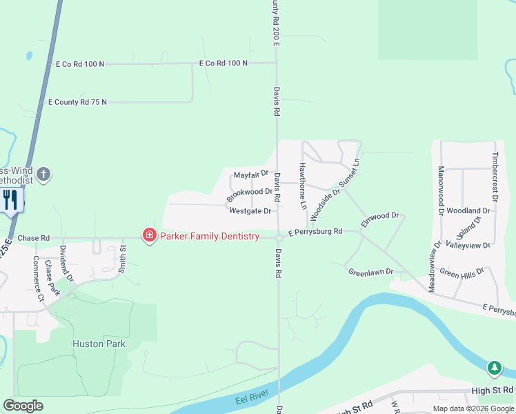 map of restaurants, bars, coffee shops, grocery stores, and more near 2321 Brookwood Drive in Logansport