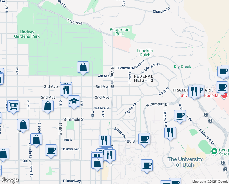 map of restaurants, bars, coffee shops, grocery stores, and more near 114 North Virginia Street in Salt Lake City