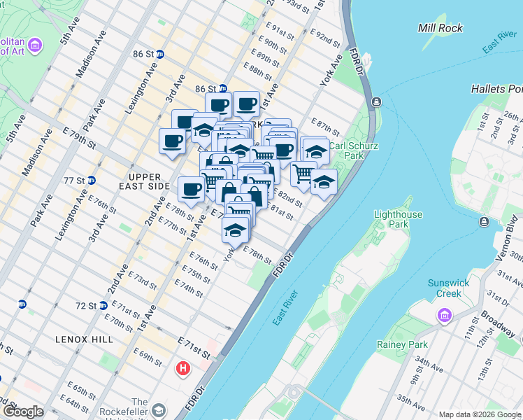 map of restaurants, bars, coffee shops, grocery stores, and more near 1520 York Avenue in New York