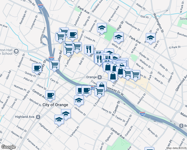 map of restaurants, bars, coffee shops, grocery stores, and more near 19 Lincoln Avenue in City of Orange