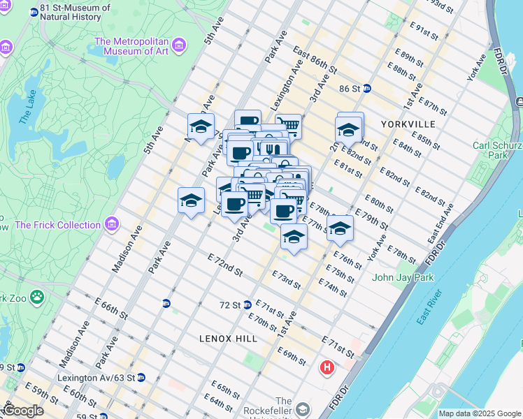 map of restaurants, bars, coffee shops, grocery stores, and more near 221 East 76th Street in New York