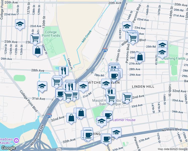 map of restaurants, bars, coffee shops, grocery stores, and more near 26-20 Whitestone Expressway in Queens