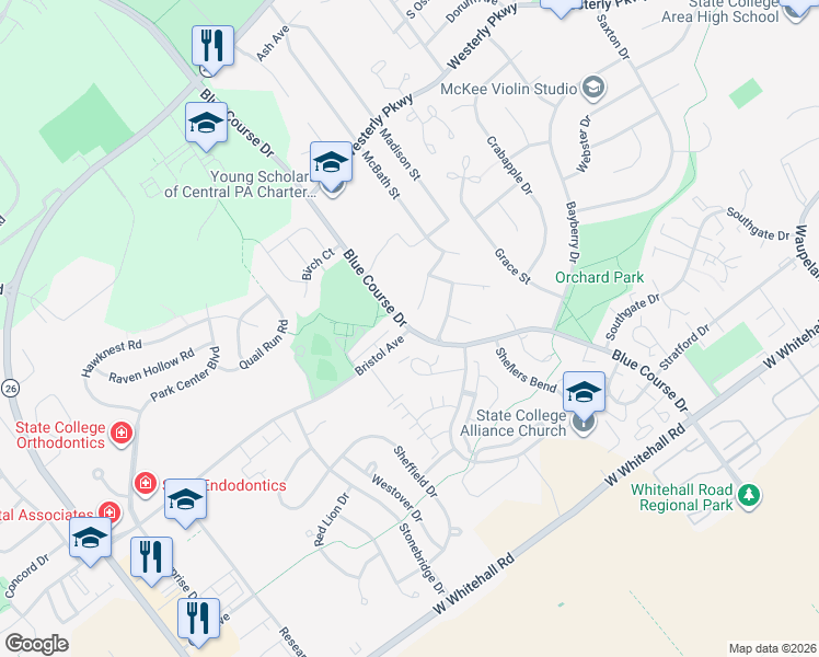 map of restaurants, bars, coffee shops, grocery stores, and more near 1300 Blue Course Drive in State College