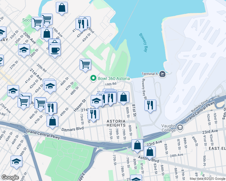 map of restaurants, bars, coffee shops, grocery stores, and more near 79-18 19th Avenue in Queens