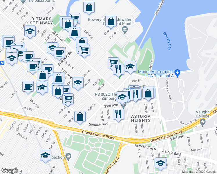 map of restaurants, bars, coffee shops, grocery stores, and more near 20-06 49th Street in Queens