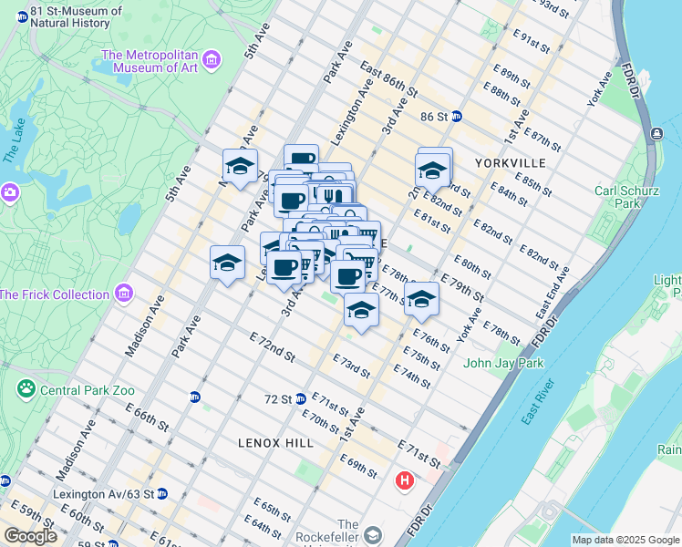 map of restaurants, bars, coffee shops, grocery stores, and more near 236 East 77th Street in New York