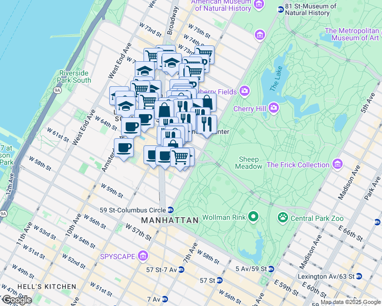map of restaurants, bars, coffee shops, grocery stores, and more near 47 West 66th Street in New York