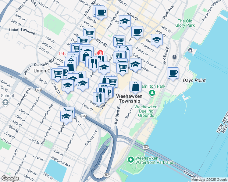 map of restaurants, bars, coffee shops, grocery stores, and more near 111 38th Street in Union City