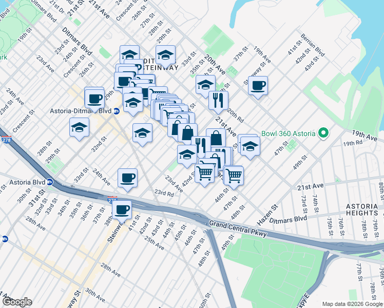 map of restaurants, bars, coffee shops, grocery stores, and more near 21-62 41st Street in Queens