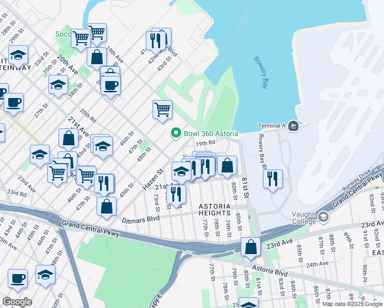 map of restaurants, bars, coffee shops, grocery stores, and more near 19-40 77th Street in Queens
