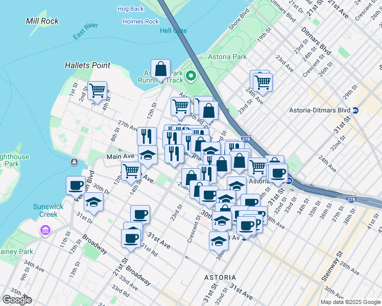 map of restaurants, bars, coffee shops, grocery stores, and more near 18-38 26th Road in Queens