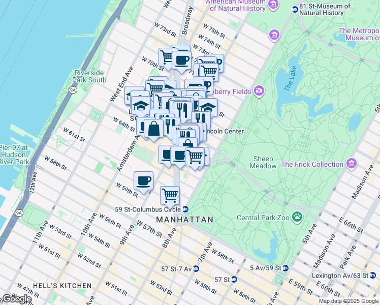 map of restaurants, bars, coffee shops, grocery stores, and more near 46 West 65th Street in New York