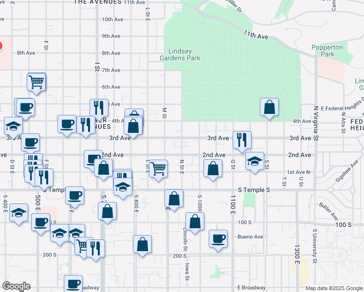 map of restaurants, bars, coffee shops, grocery stores, and more near 851 3rd Avenue in Salt Lake City