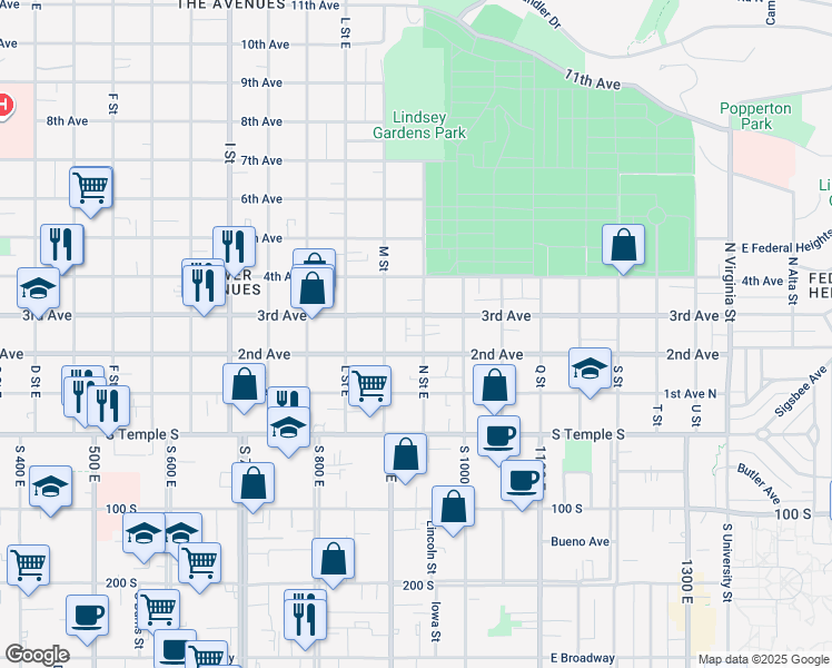 map of restaurants, bars, coffee shops, grocery stores, and more near 851 3rd Avenue in Salt Lake City
