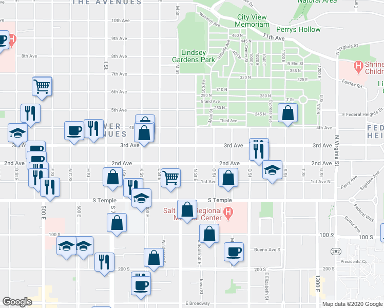 map of restaurants, bars, coffee shops, grocery stores, and more near 851 3rd Avenue in Salt Lake City