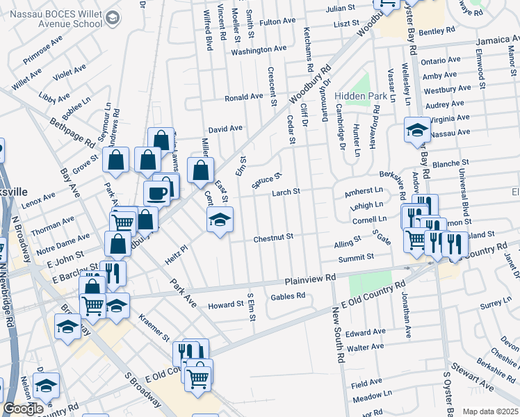 map of restaurants, bars, coffee shops, grocery stores, and more near 11 Larch Street in Hicksville
